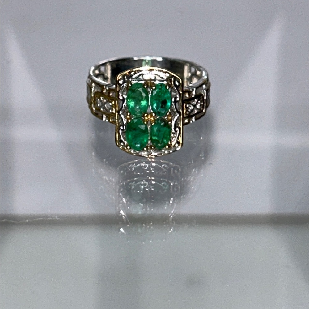 NWOT Gems en Vogue Genuine Emerald Cluster Sterling 18K Plate Designer Ring Boho